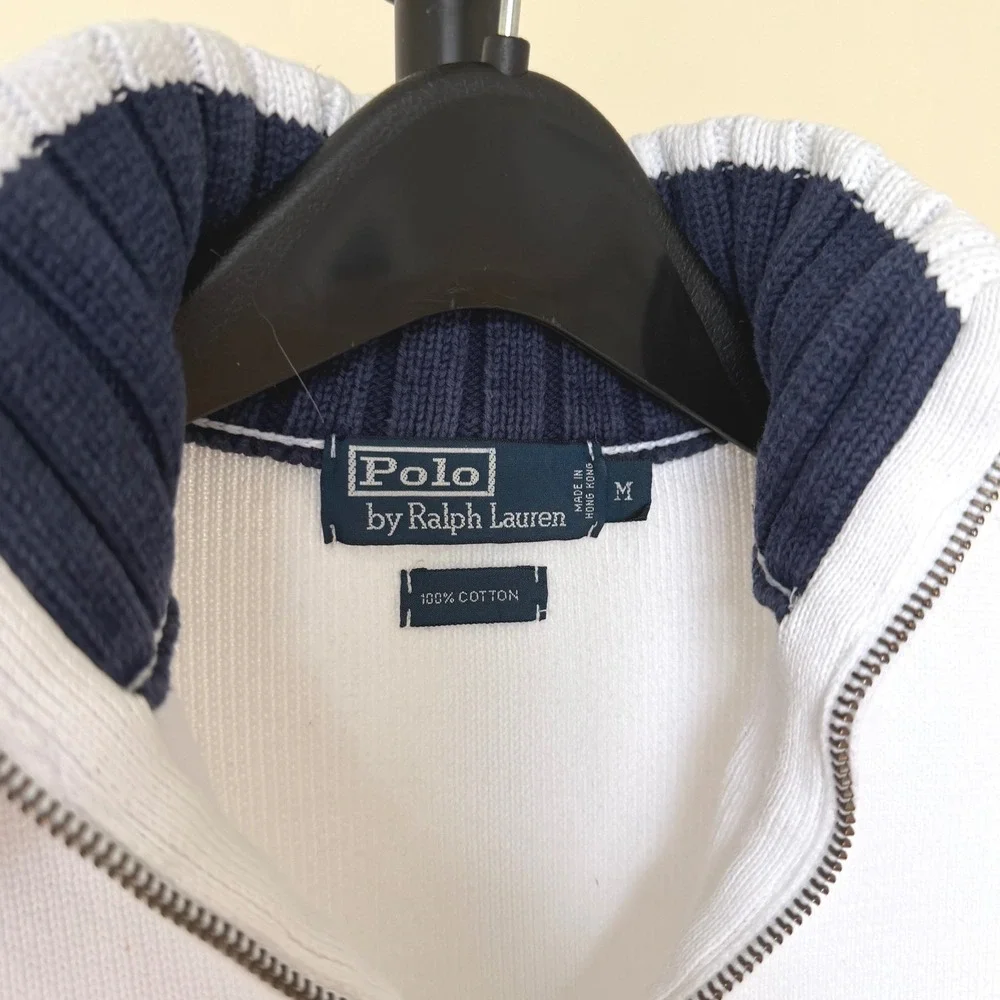90's Polo Ralph Lauren White Cotton Quarter Zip Custom American Flag Sweater M - Picture 3 of 7